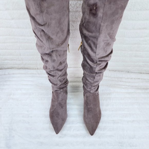 Autumn Pointy Toe Low Kitten Heel Slouchy Knee High Boots Taupe Faux Suede - Picture 5 of 10